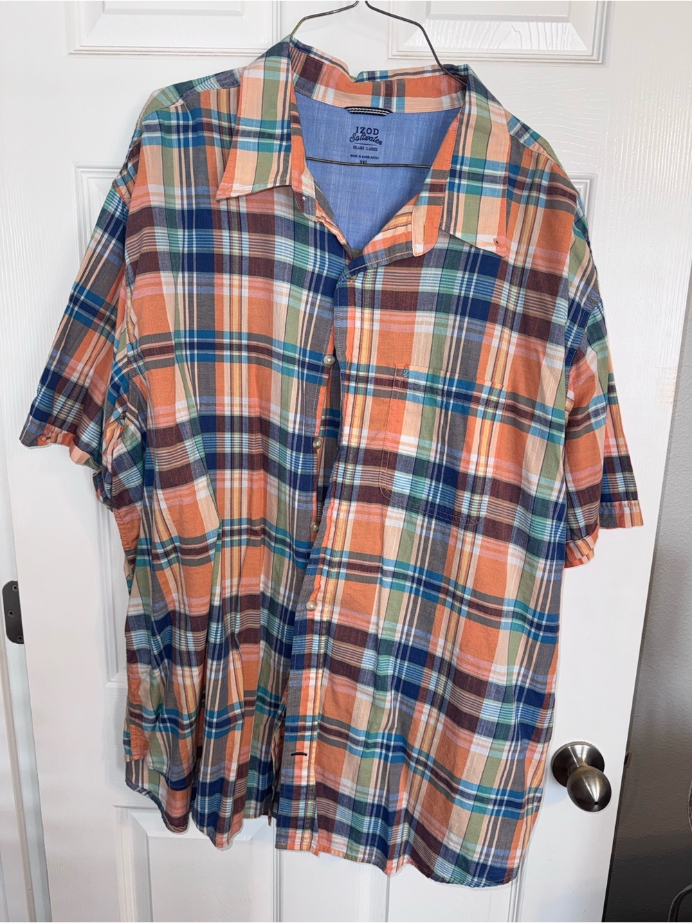Izod Orange Blue Green Plaid Short-Sleeve Button-Down Shirt